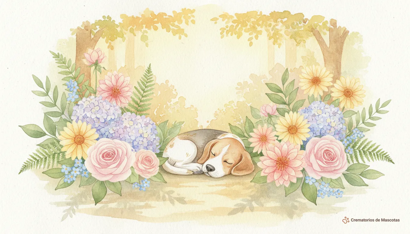Boceto a acuarela de un beagle durmiendo plácidamente rodeado de flores y follaje