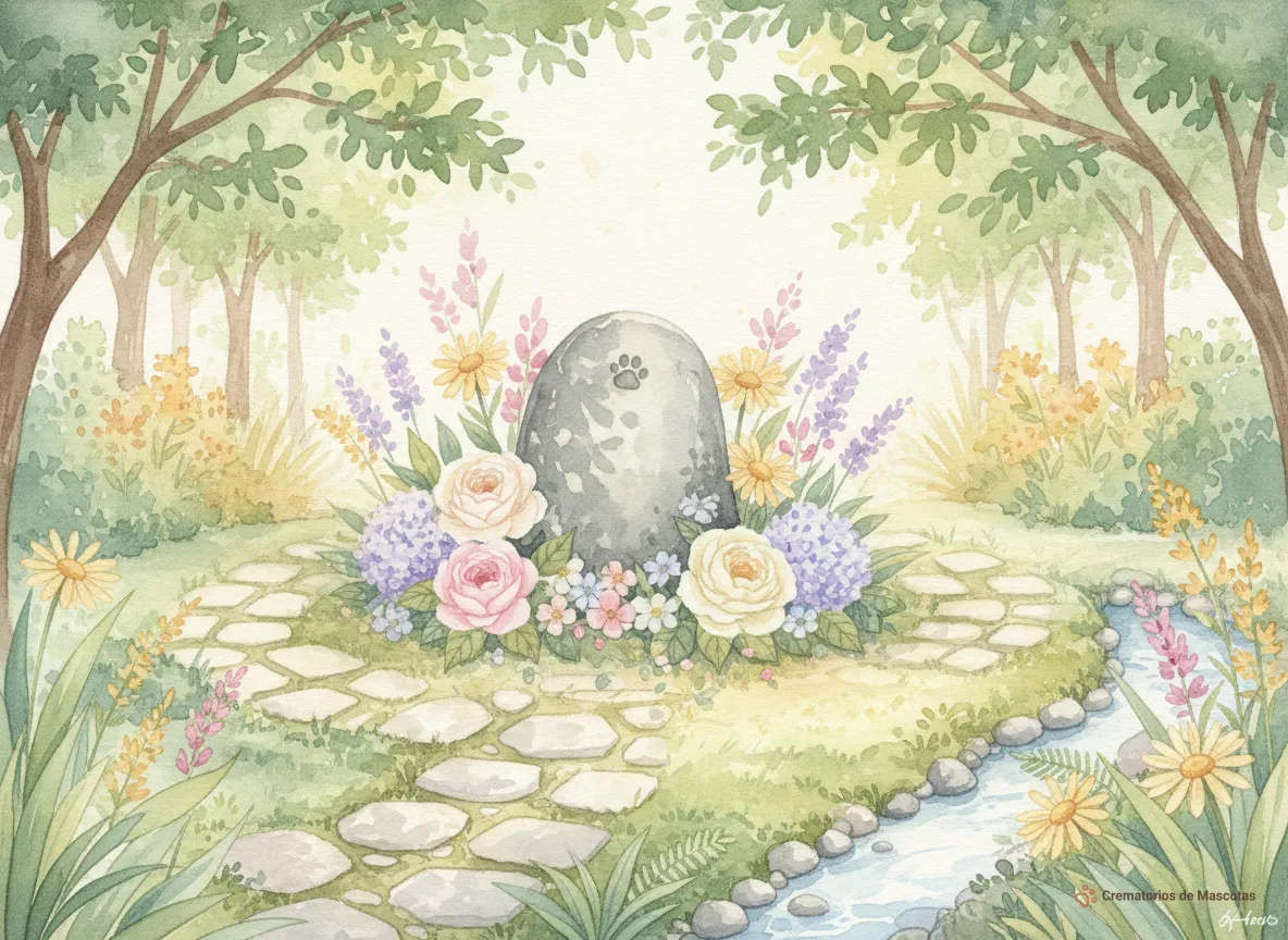 Un tranquilo jardín acuarelado, con un sendero de piedras y un monumento funerario de roca adornado con una huella de perro