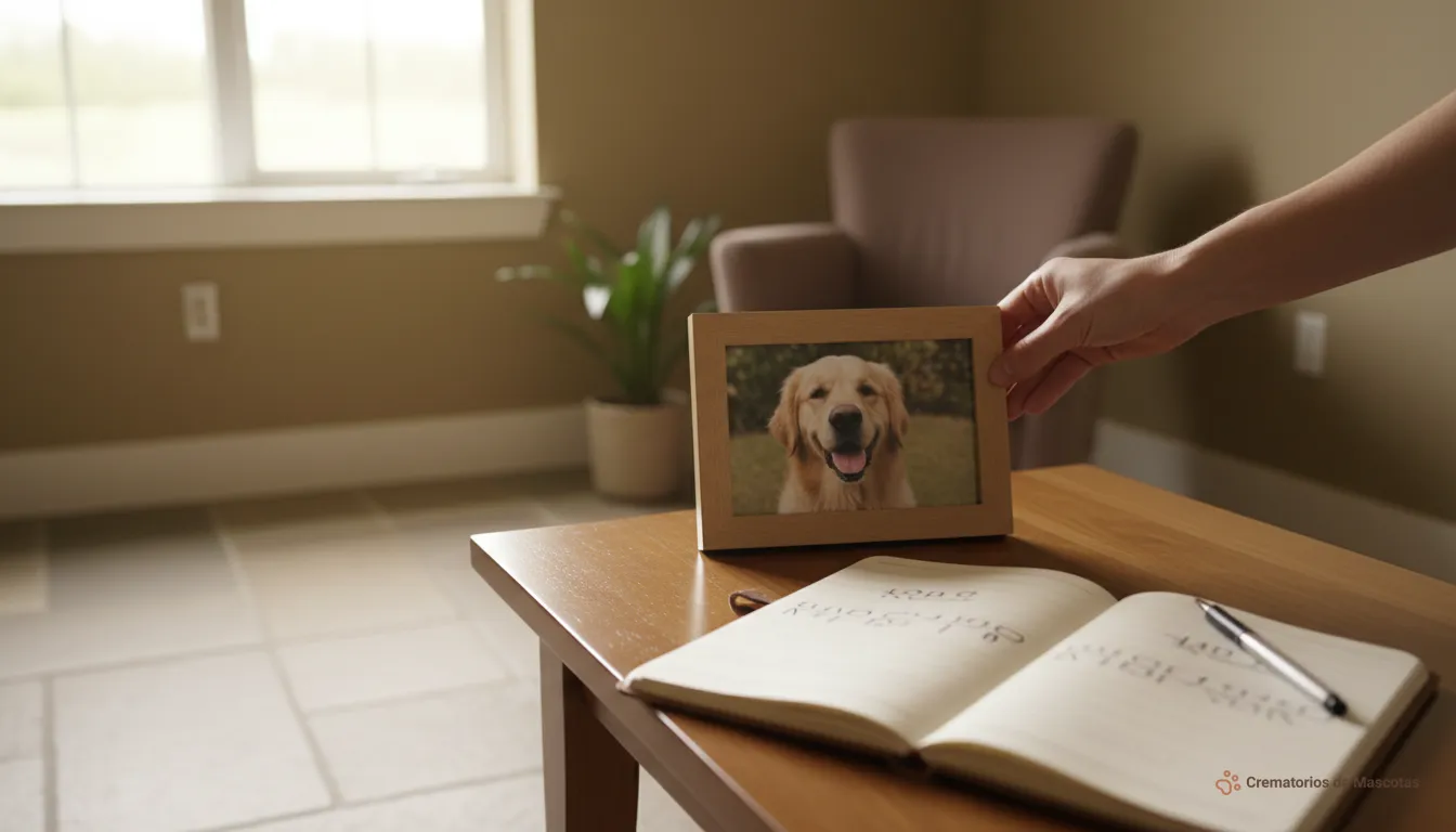 Mano acariciando un retrato enmarcado de un golden retriever feliz sobre una mesa con un diario y un bolígrafo en un salón