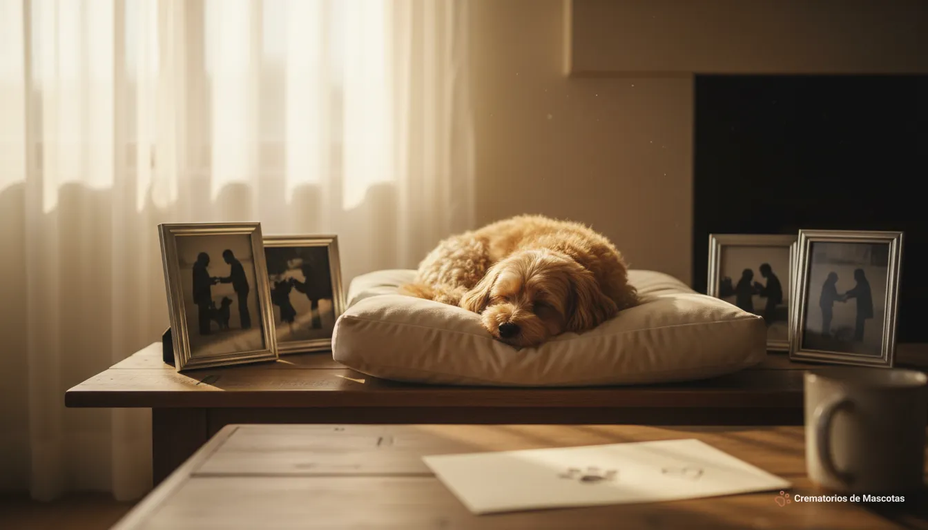 Perro peludo durmiendo en un cojín, rodeado de fotos de familia, reflejando el vínculo y la pérdida, en un hogar español.