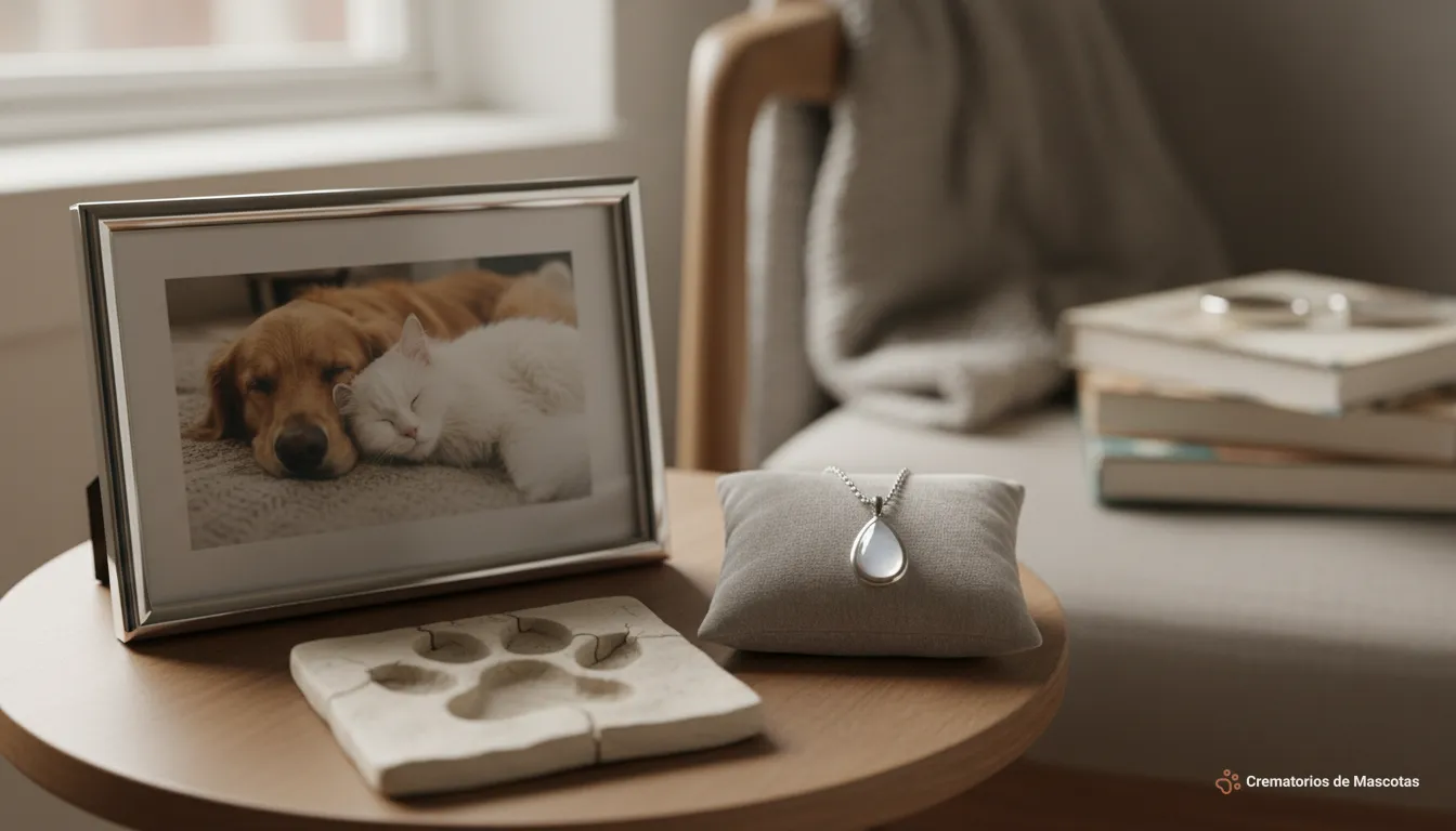 Marco con fotografía de un golden retriever y un gato blanco durmiendo juntos