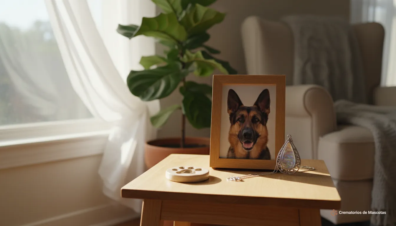 Marco de madera con foto de un perro Pastor Alemán, huella y joya, como recuerdos de mascotas.