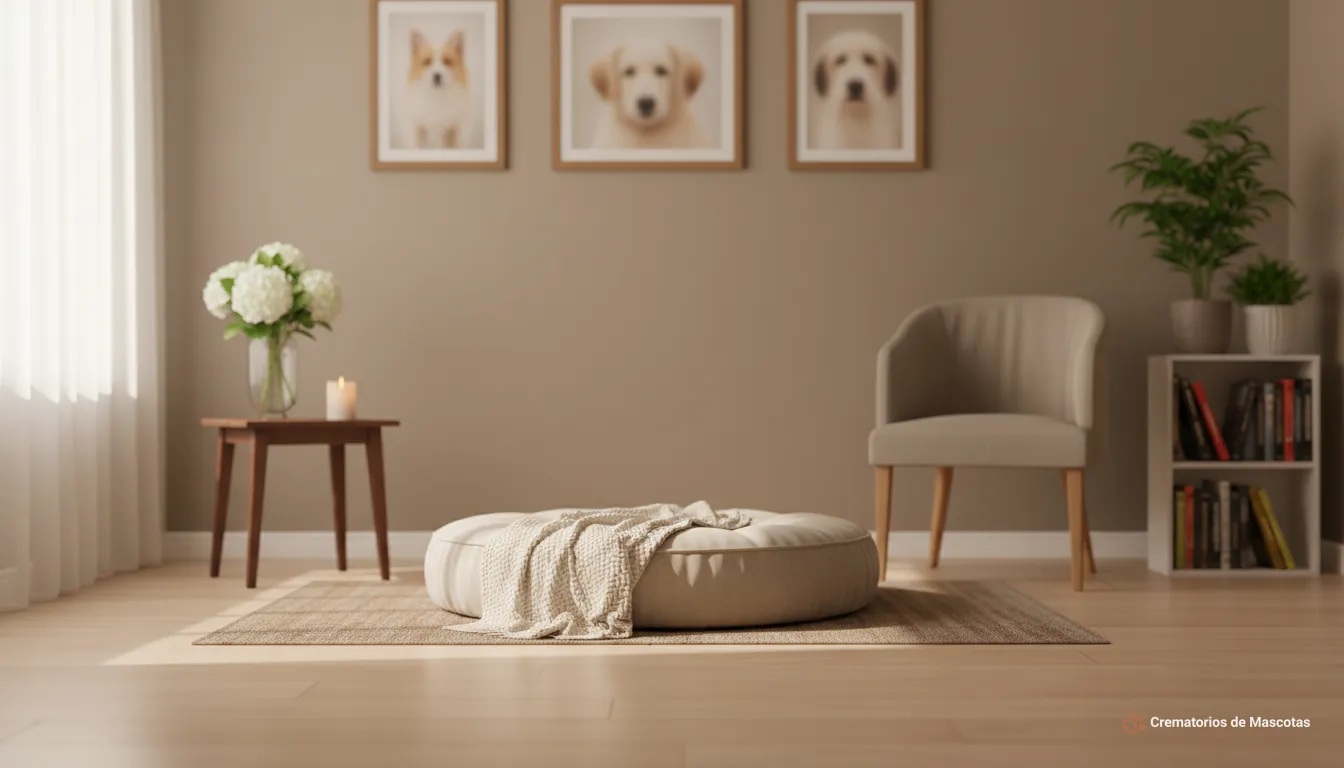 Sala de estar acogedora y serena con tres cuadros de perros difuminados, que evocan la importancia del tanatorio de mascotas.