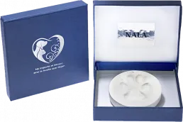 Huella de pata en escayola con caja azul personalizada con nombre mascota Nala - Hadescan Madrid