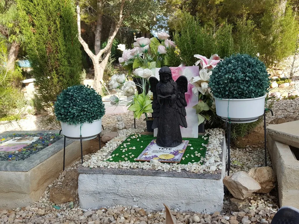 Sepultura de mascota con estatua de ángel y plantas en cementerio Sena Montserrat Valencia