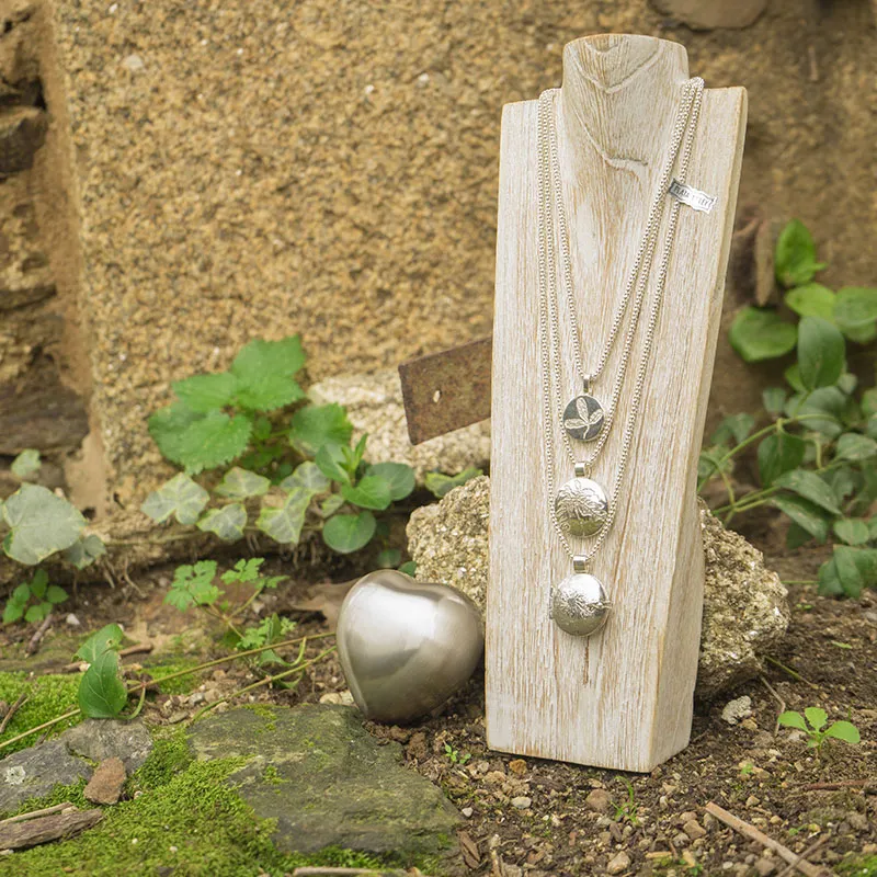 Collares y medallones conmemorativos de plata en expositor de madera, recuerdos para mascotas en Galimascota A Coruña