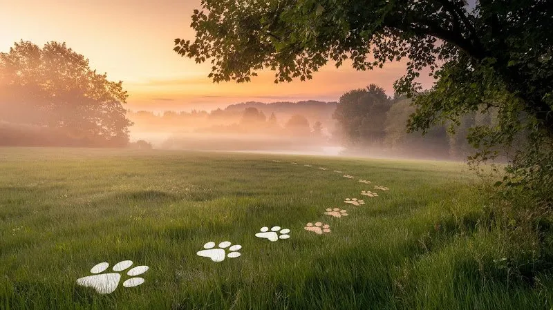 Huellas de mascota en prado al amanecer, símbolo de despedida en Funeraria Huella Amiga Toledo