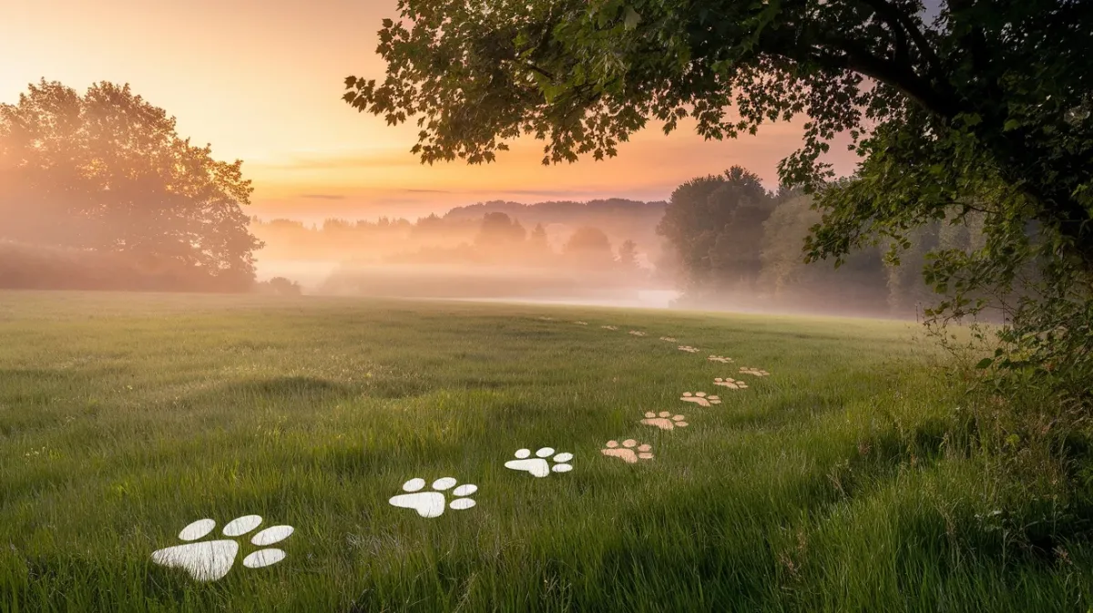 Huellas de mascota en prado al amanecer, Funeraria Huella Amiga Toledo, imagen evocadora de despedida