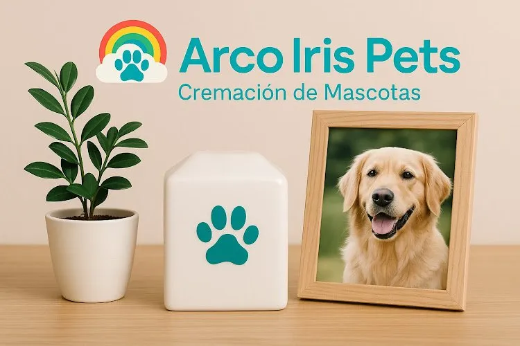 Urna de cremación de mascotas con foto de perro golden retriever en Arco Iris Pets Madrid
