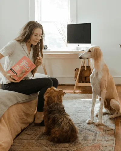 Dueña ofreciendo snacks a sus dos perros en casa, clientes de Fune Mascotas Torre Pacheco